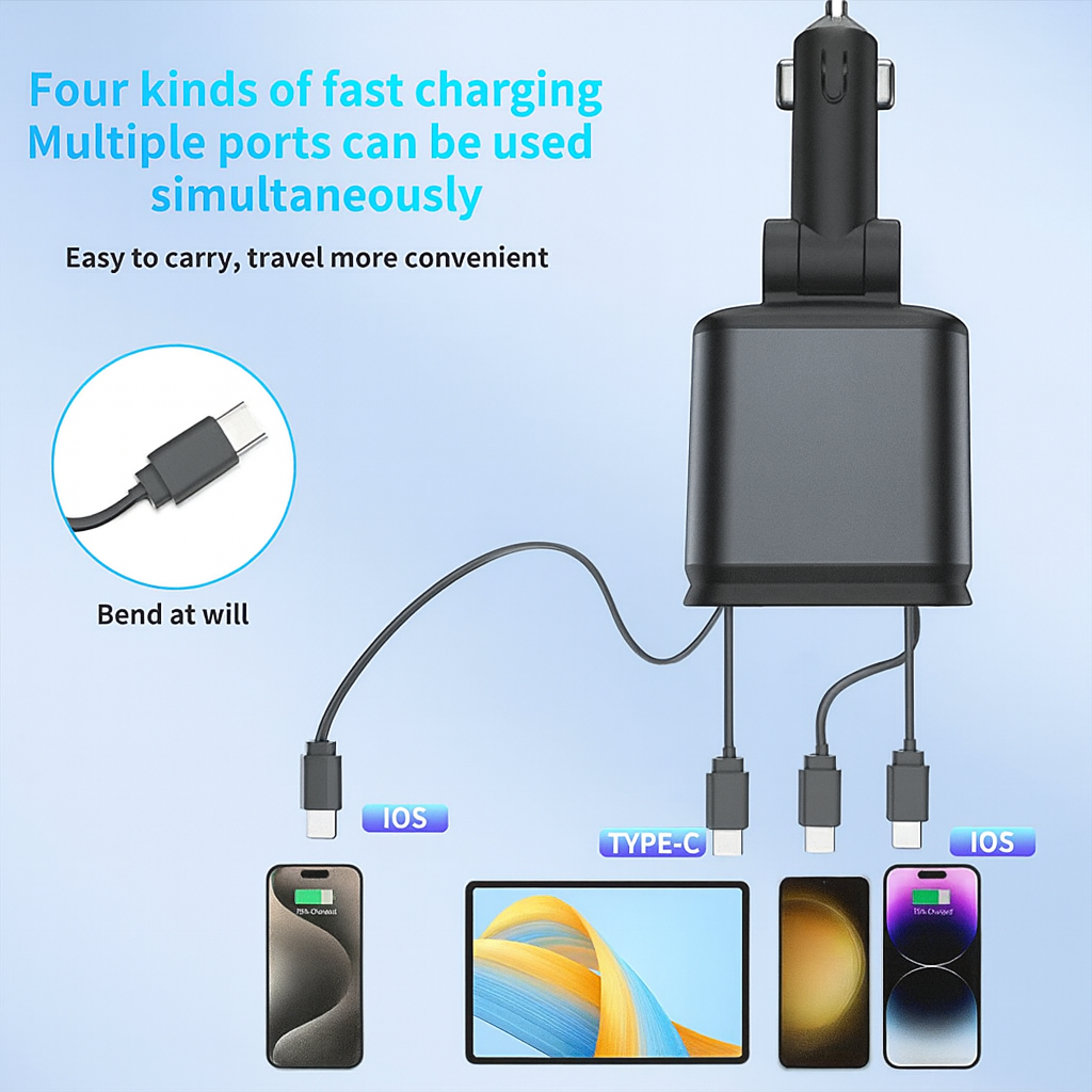 🚗⚡ 4-in-1 Retractable Fast Car Charger | Charge 4 Devices at Once!