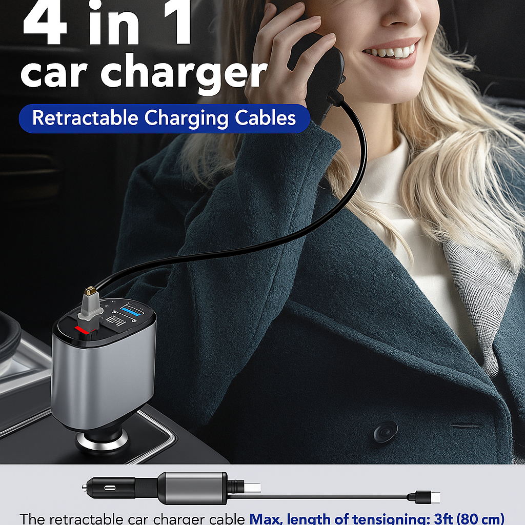🚗⚡ 4-in-1 Retractable Fast Car Charger | Charge 4 Devices at Once!